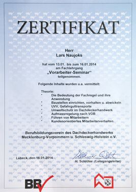 Zertifikat Vorarbeiter-Seminar Lars Naujoks