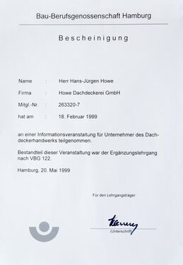 Bescheinigung Bau-Berufsgenossenschaft Hans-Hürgen Howe