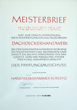 Meisterbrief Hans-Juergen Howe