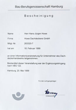 Bescheinigung Bau-Berufsgenossenschaft Hans-Hürgen Howe