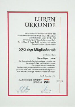 Ehrenurkunde  50 Jahre Dachdecker Einkauf Nord - Hans-Jürgen-Howe