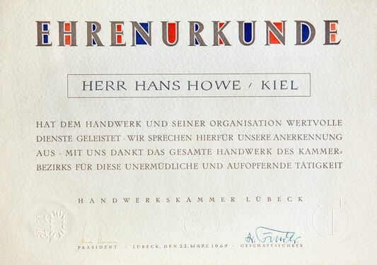 Ehrenurkunde Hans Howe